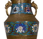 Antique Sgnd Large Japanese Cloisonne Champleve Enamel Bronze Dragon Handle Vase