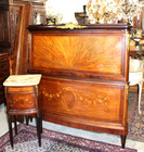 French Antique Louis Xvi Inlaid Walnut Queen Size Bed   Nightstand