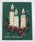 Vintage Mid Century Christmas Greeting Card Green White Gold Striped Candles