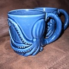 2 Batela Blue Octopus Tentacle Handle Sculpted Coffee Mugs Tea Cups Ceramic Sea