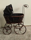 Antique Victorian Babydoll Carriage Stroller Buggy Pram Wood Wicker Metal Fabric