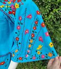 Pretty Vintage Mexican Embroidered Blouse Puebla Turquoise Hippie Small - Medium