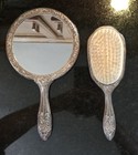 Vintage Hand Mirror And Brush Vanity Set Silver Plated Repousse Heavy Well Made