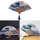 Silk Hand Fan Japanese Wave Blue Tsunami Folding Fan Elegant Hand Fan W  Tassel