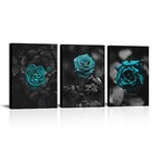 3 Pieces Teal Rose Canvas Wall Art Romantic Aqua Flower Canvas Prints