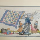 Amish Woman Children Quilt Wash Line Cross Stitch 19x14 Finished Matted Framed