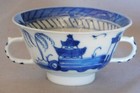 Antique Chinese Canton Pair Of Double Handle Broth Cups 19th C  Qing Blue Pagoda