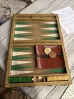 Crisloid Backgammon Greencream Bakelite Checkers Dice  Leather Cups Travel Case