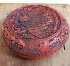 Chinese Carved Red Lacquered Circular Box  Length 13 1 2 Inches  Great Condition