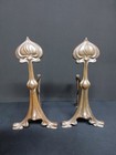Large Antique Pair Brass Art Nouveau Fire Andirons