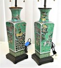  Chinese Early 19th C  Famille Verte Vase Pair Lamps With Marks