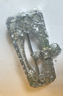 Vintage Art Deco Rhodium Plated Lacy Filigree Rhinestone Center Bar Pin Brooch