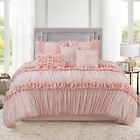 Hig 7 Piece Ruched Pleat Comforter Set White Romantic Bed In A Bag - King queen