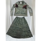 Vtg Lady Anne Knit Sweater Coord Skirt Set Women s S Green W  Mink Tails Barbie