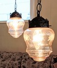 Vintage Mid Century Double Pendant Swag Lamp Ceiling Fixture Floral Glass Globes