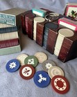 Early 1900s Antique Poker Chip Set  In Wood Caddy W extra Inlaid Clay Chips 