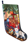 Vtg Needlepoint Stocking Wool Christmas Cat Bear Rocking Chair 17  Velvet Usa
