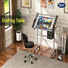 Drafting Table On Wheels Adjustable Glass Tabletop Drawing Desk W storage Drawer