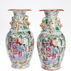 Pair Of Antique Chinese Export Rose Mandarin Vases 