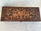 Vintage antique Flemish Art Burnt Wood Design Pyrography Keepsake Box Gloves