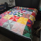 Vtg Signed 1991 Hand Stitched Pinwheel Patchwork Quilt 80x78  Colorful See Video