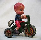 Vintage  Celluloid Boy Riding Tin Trike - Wind Up Toy - Made In Prewar Japan  