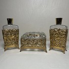 Vintage Hollywood Regency Vanity Set Gold Metal Filigree Trinket Box   2 Bottles