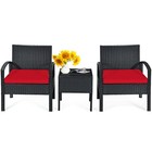 3pcs Patio Rattan Conversation Furniture Set Outdoor Yard W  Red Cushions