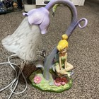 Rare Disney Tinker Bell Sitting On Leaf Table Lamp With Tulip Flower Glass Shade