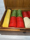Vtg Poker 330 Chip Set Catalin bakelite  Wood Case oval Round  Red Green Yellow