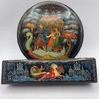 Vintage Russian Lacquer Boxes Palekh Style Red Interior Fairy Tale Pair Ussr