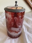 Bohemian Ruby Red Cut To Clear Engraved  Beer Stein - Deer Or Stag Clear Lid