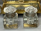 Antique Victorian French Double Faceted Crystal Inkwell Brass Ormolu Stand