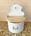 French Vintage Enamel Sel Salt Canister White With Wood Lid Vintage