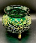 Antique Green Moser Art Glass Hand Decorated Gold Enamel Footed Bowl Boho 1800 s