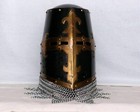 Medieval Battle Knight Great Helmet With Chain Mail Brass Templar Cross Helmet