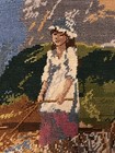 Vintage Completed Needlepoint Girl Geese Petit Point   Perfect For Pillow