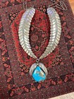 Vintage Native Navajo Morenci Turquoise Pendant Feather Wing Necklace Benson Sam