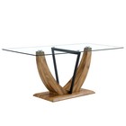 Modern Glass Top Dining Table Wood Metal Base Geometric Support Frame