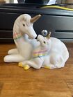 Vintage Ceramic Unicorn Mother And Baby Figurine White Rainbow Unmarked 8   