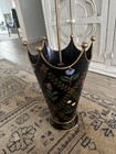 Vtg Italian Floral Toleware Umbrella Stand Black Metal Cane Handle 28 h