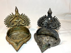 Brass Bronze Indian Dhokra Vilakku Vishnu 2 Oil Lamps Incense Rare