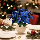 6 Pack Blue Christmas Artificial Poinsettia Flowers Faux Bush 