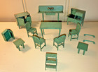 Vintage 1930s Tootsietoy Metal Kitchen Furniture Set Green Movable Doors 15 Item