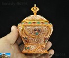 4  Old Tibet Tibetan Silver Filigree 24k Gold Gilt Inlay Gem Tanks Crock Pot Jar