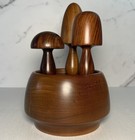 Vintage Artist Signed Hand Carved Turned Wood Mushroom Trio Figurine 7 25  Mcm