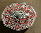 Vintage Filagree Jewelry Box Ornate Casket Coffin Red Velvet Lining Trinket Ring