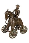 Antique Indian Horse Rider On Wheels   Peacock Bronze Sculpture 20th Century
