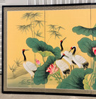 Vintage Asian Art Screen     Hand-painted Cranes   Lotus  4 Panels  Brass Trim