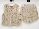 Coco   Shay Cotton Crochet Knit Two Piece Set M Cream Boho Tank Top Shorts Nwot